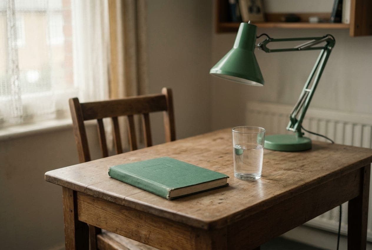 Una mesa de madera junto a una ventana, con una lámpara verde, un cuaderno y un vaso de agua