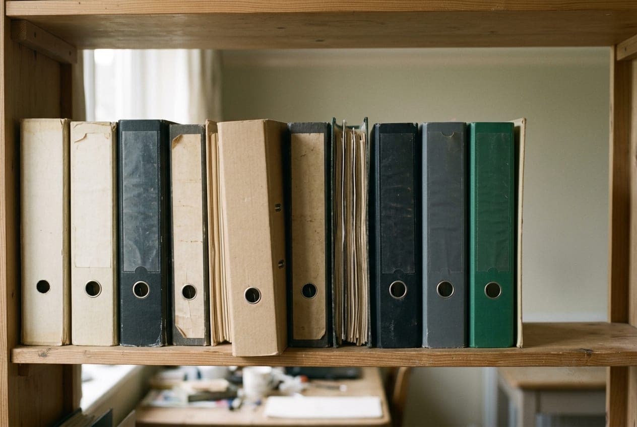 Archivadores de lomo liso en una estantería de madera